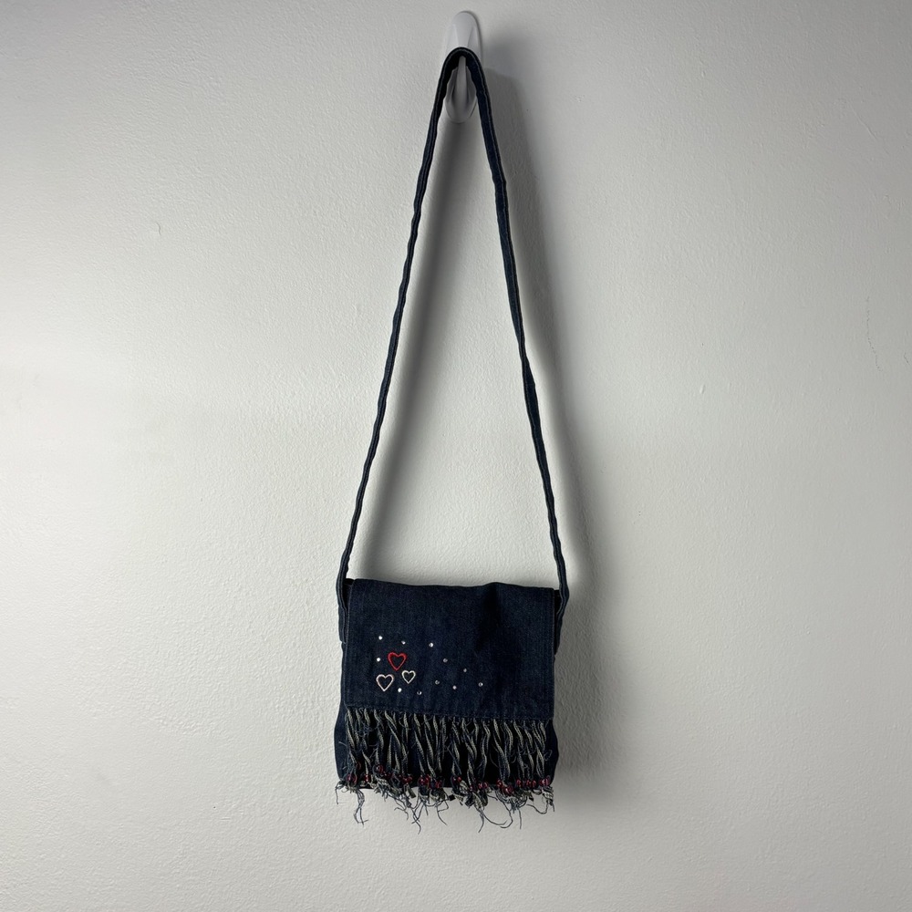 Vtg 2003 Old Navy Denim Crossbody Bag Heart Embroidery Beaded Fringe Y2K McBling - Picture 3 of 12